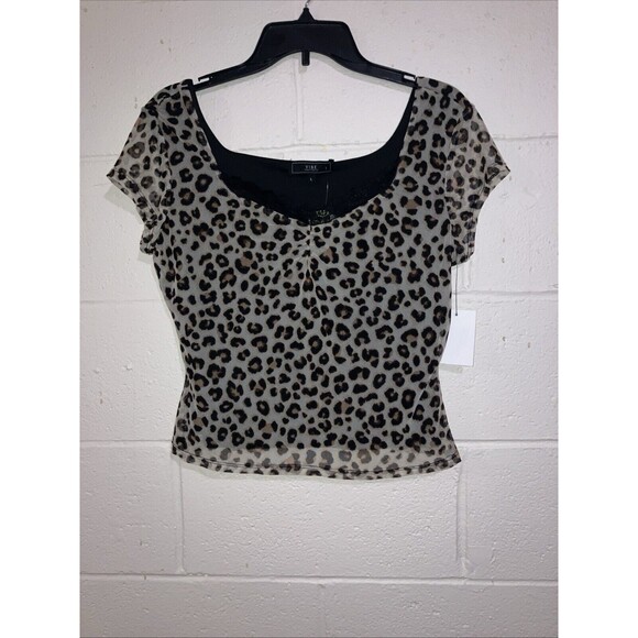 VIBE Animal Print Lace Trimmed Women’s Short Sleeve Top Size L New NWT - Picture 11 of 13
